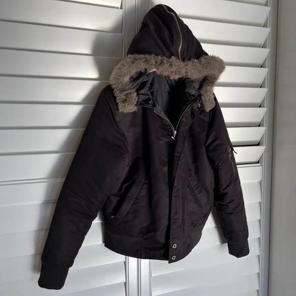 Black Puma Bomber Faux Fur Hooded Moto style Jacket Sized Large - Picture 3 of 14